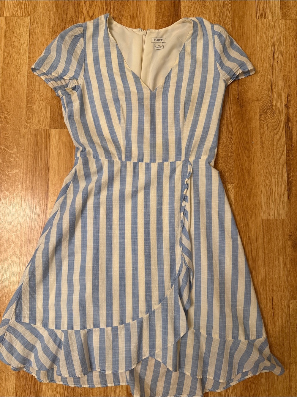 J. Crew Light Blue and White Striped Wrap-Style Mini Dress